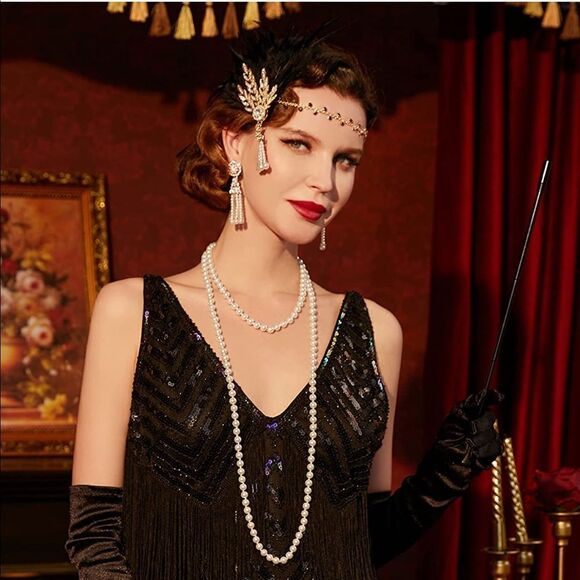 🪶✨ Art Deco 1920's Flapper Great Gatsby Pearl Black Feather Leaf Headband - Picture 5 of 5